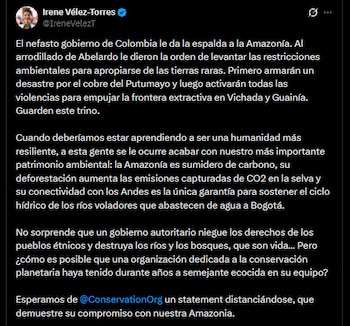 La exministra Irene Vélez cuestionó la decisión oficial y alertó sobre un presunto interés en la apropiación de tierras raras - crédito @IreneVelezT/X