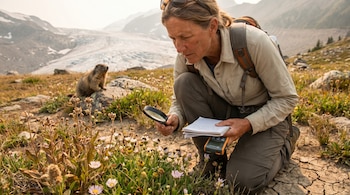 Mujer agachada examina flores con lupa y cuaderno. Un marmota en primer plano y un glaciar al fondo en un paisaje montañoso con poca vegetación.