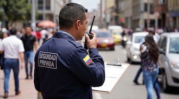 Un vigilante de seguridad colombiano de espaldas, con uniforme azul oscuro y bandera de Colombia en el hombro, habla por walkie-talkie y sostiene un portapapeles en una calle.