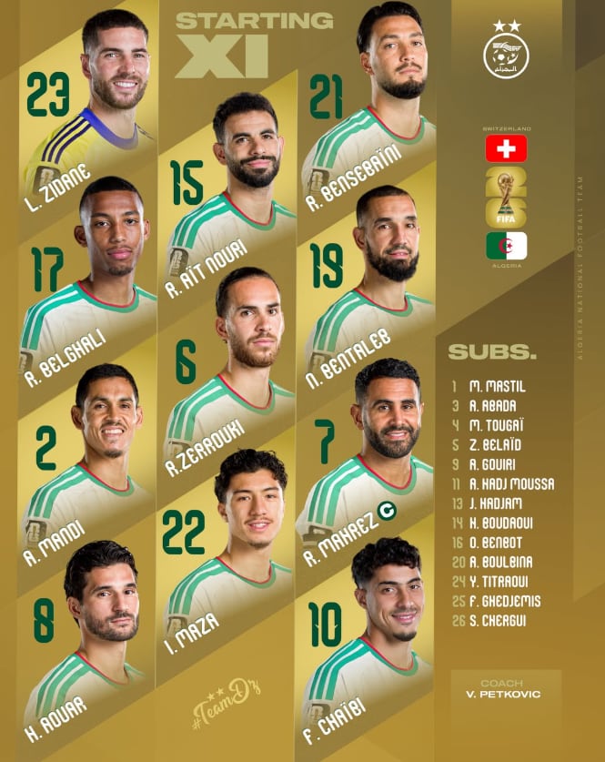 Este es el once inicial de Argelia para enfrentar a Suiza - crédito @algeria_fc/Instagram
