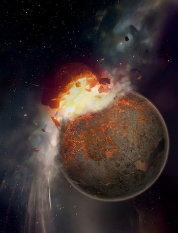 Las fotos explican cómo dos estructuras gigantes del manto terrestre observadas sísmicamente pueden representar restos del planeta Theia, que habría colisionado con la Tierra hace más de 4.500 millones de años dando lugar a la formación de la Luna. Autor: Hernán Cañellas.