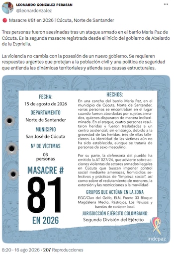 Leonardo Perafán González exige respuestas urgentes para frenar masacres en el inicio del gobierno de De la Espriella - crédito @leonardonzalez/X