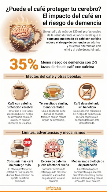 Infografía sobre el impacto del café en el riesgo de demencia, con ilustraciones de un cerebro en una taza de café, tazas de café y té, y diagramas de neuronas.