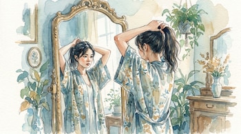 Ilustración en acuarela de una joven atándose el cabello frente a un espejo. Se observan plantas, un jarrón con flores y muebles de madera.