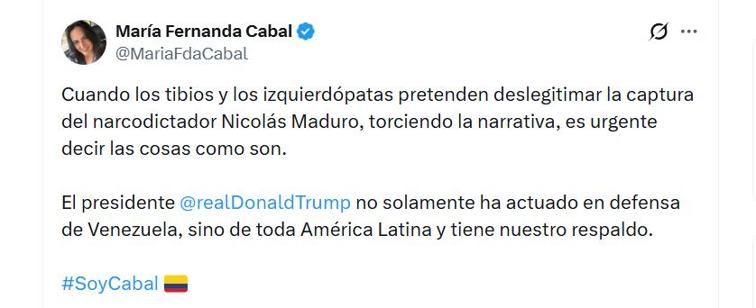 María Fernanda Cabal criticó a los sectores de izquierda por presentar el operativo estadounidense como un abuso de poder - crédito @MariaFdaCabal/X