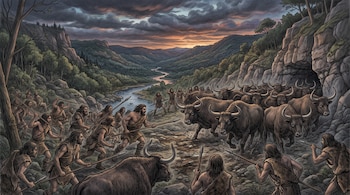 Ilustración de hombres prehistóricos con pieles y lanzas rodeando a varios uros con cuernos grandes cerca de un río.