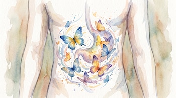 Ilustración en acuarela de un torso humano que muestra el abdomen con varias mariposas azules, naranjas y moradas de diferentes tamaños.