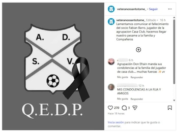 La Asociación Deportiva Santotomesina de Veteranos emitió un comunicado en el que expresó sus condolencias a la familia y a los compañeros del jugador