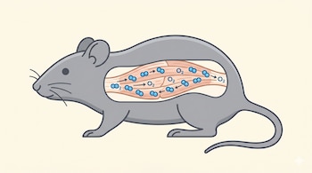 Ilustración de un ratón gris de perfil. Se observa tejido muscular con moléculas de oxígeno (O₂) en movimiento, representadas por pares de círculos azules