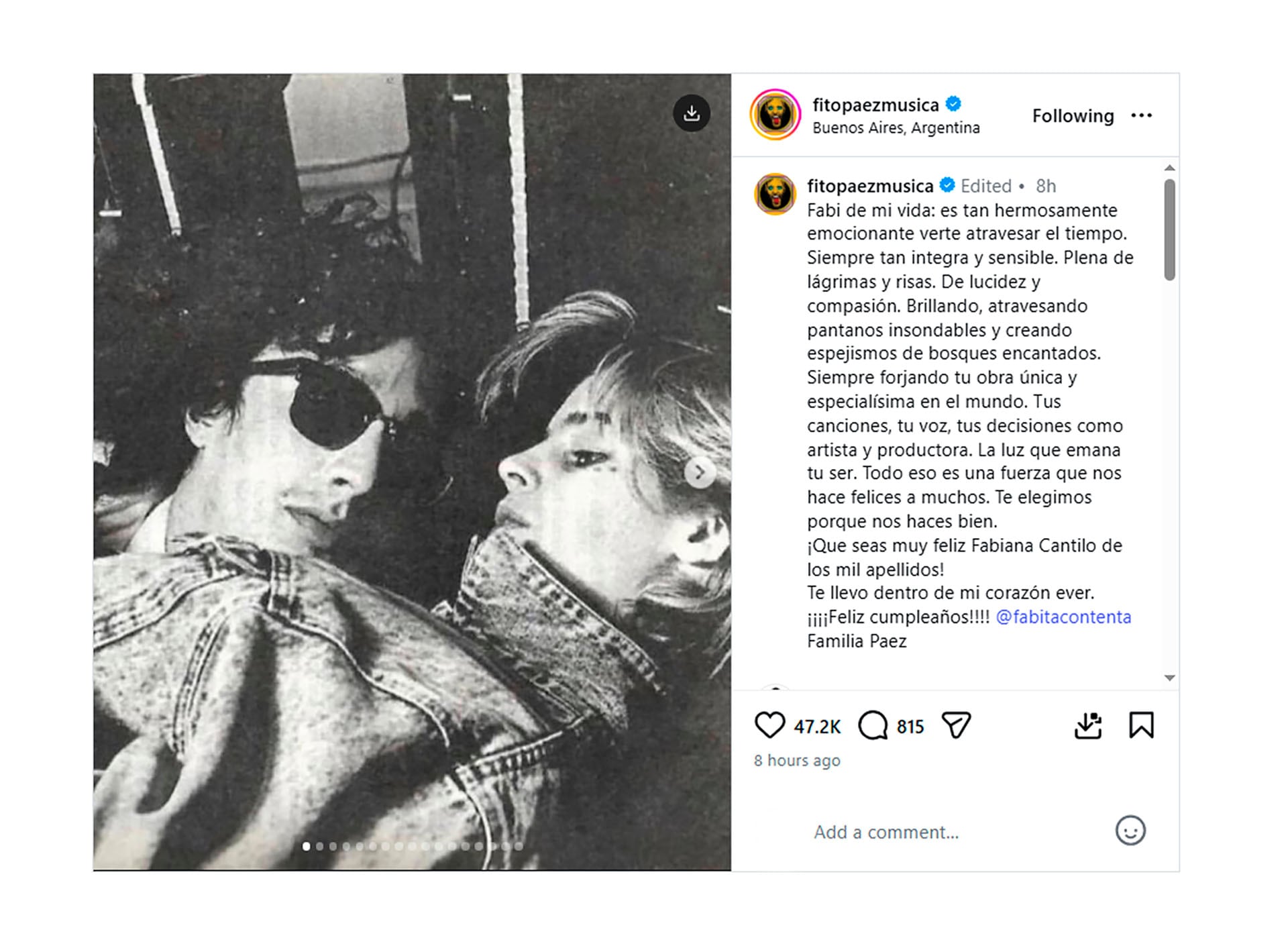La emotiva dedicatoria de Fito Páez a Fabiana Cantilo en su cumpleaños resalta su profunda conexión artística y personal en el rock argentin