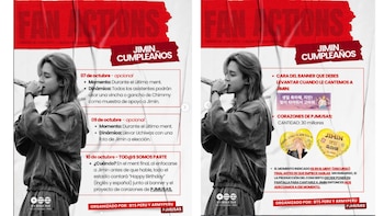 Dos afiches informativos con la fotografía del cantante Jimin y textos descriptivos sobre actividades de seguidores