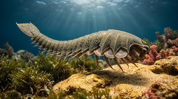 Modelo de Urokodia con caparazón segmentado flotando sobre arena, rocas y algas verdes en un fondo marino iluminado por rayos de sol.