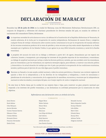 Documento con la bandera de Venezuela, el título Declaración de Maracay, párrafos numerados, lista de firmantes, y un enlace de Telegram