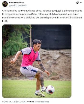Cristian Neira dejó Atlético Grau y regresará a Alianza Lima para el Torneo Clausura 2026. - captura: Twitter Kevin Pacheco