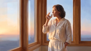 Pintura de una mujer con ropa blanca que bebe agua de un vaso de cristal junto a una ventana con marcos de madera al amanecer.