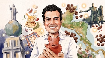 Dibujo de un hombre con una figura de barro, flanqueado por el monumento al Salvador del Mundo, pupusas, granos de café y un mapa.