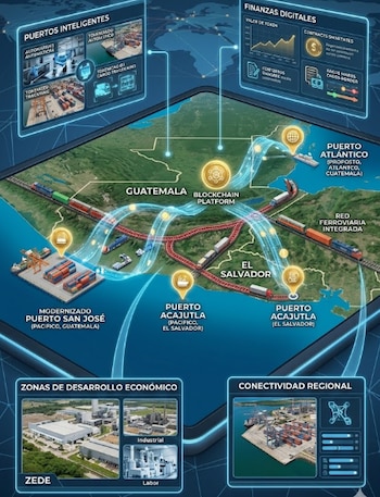 Mapa ilustrativo del Corredor Interoceánico de Guatemala y El Salvador, que muestra la conexión entre los puertos Atlántico y San José en Guatemala, los puertos de Acajutla en El Salvador (Imagen ilustrativa IA).