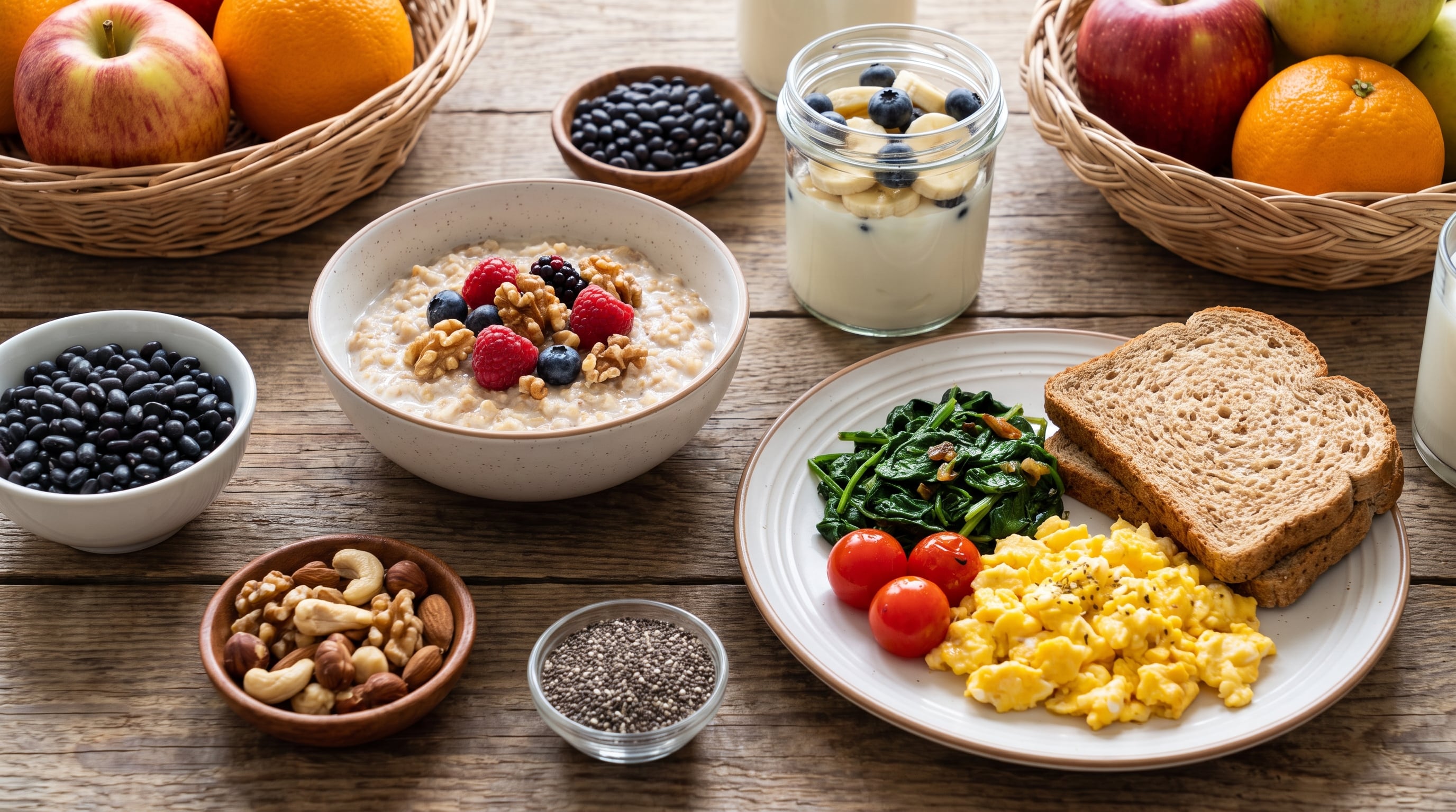Una selección de alimentos integrales, huevos, frutos secos, yogur y frutas conforma una propuesta de desayuno equilibrado recomendada por especialistas en nutrición. (Imagen Ilustrativa Infobae)