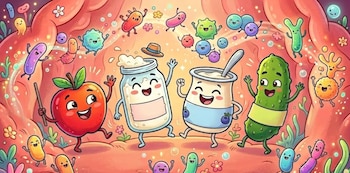 Ilustración de caricatura: manzana, kéfir, yogur y pepinillo sonrientes bailan con bacterias amigables dentro de un intestino rosa claro