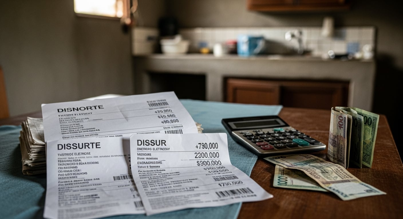 Una mesa en una vivienda nicaragüense muestra altas facturas de electricidad de Disnorte y Dissur junto a una calculadora y billetes de córdobas, reflejando la preocupación económica cotidiana. (Imagen Ilustrativa Infobae)