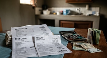 Una mesa de madera en una casa nicaragüense con facturas de electricidad de Disnorte y Dissur, una calculadora y billetes de córdobas apilados bajo luz natural.