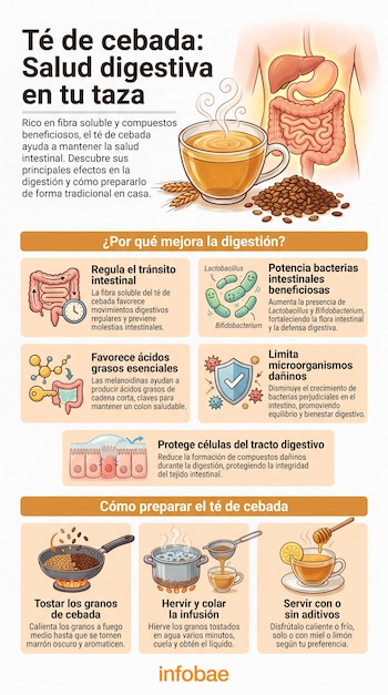 Infografía con título Té de cebada, taza de infusión humeante, granos y espigas de cebada, ilustración de sistema digestivo humano. Muestra beneficios y preparación.