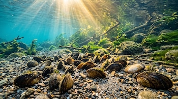 Decenas de conchas de moluscos sobre pequeñas piedras en el fondo del agua, rodeadas de plantas acuáticas y bajo rayos de luz solar