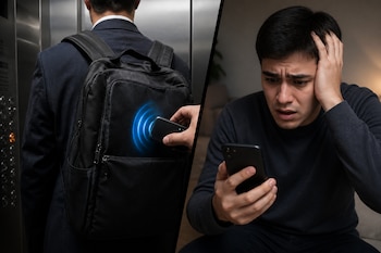 A la izquierda, una mano acerca un lector a la mochila de un hombre; a la derecha, un hombre mira un teléfono móvil con la mano en la cabeza.
