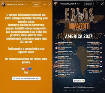La operación de cuerdas vocales de Eros Ramazzotti fue descrita como una intervención impostergable por el desgaste vocal acumulado en directo. Ante esto, el concierto de Eros Ramazzotti en Bogotá, previsto en el Movistar Arena, fue reprogramado para el 28 de octubre de 2027 - crédito @ramazzotti_eros/Instagram