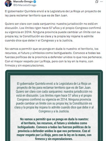 Posteo en X de Marcelo Orrego, gobernador de San Juan
