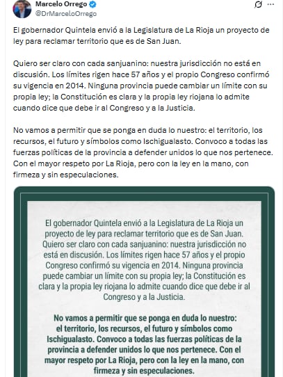 Posteo en X de Marcelo Orrego, gobernador de San Juan