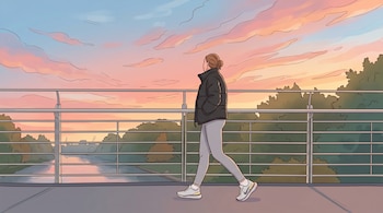 Ilustración de una mujer caminando sobre un puente al atardecer. El cielo tiene nubes rosas y azules, con un río abajo flanqueado por árboles.