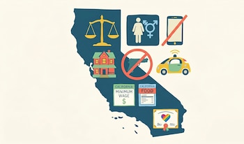 Mapa de California con balanza, casa, símbolos de género, teléfono y pistola tachados, coche autónomo, documento salario mínimo, documento comida y certificado arcoíris