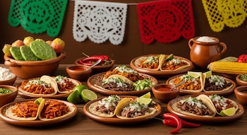 Vista aérea de una mesa de madera rústica con varios platos de barro llenos de diferentes tacos, limones, salsas y guarniciones. Banderines de papel picado al fondo.
