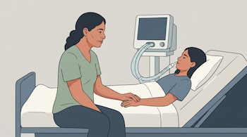 Ilustración de una mujer sentada en una cama clínica que toma la mano de una joven conectada a un monitor y a un respirador.