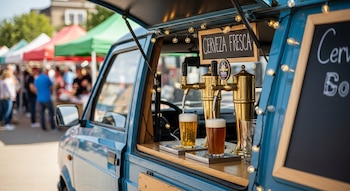 Furgoneta con dos grifos de cerveza, dos vasos llenos, carteles de pizarra, guirnalda de luces y puestos de mercado al fondo.