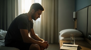 Hombre joven sentado en una cama en penumbra al amanecer, con las manos entrelazadas y la vista baja; junto a él, una mesita con un vaso de agua y un cuaderno.