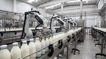 Vista de una planta láctea moderna con brazos robóticos blancos y negros etiquetando filas de botellas de leche en una cinta transportadora de acero inoxidable.