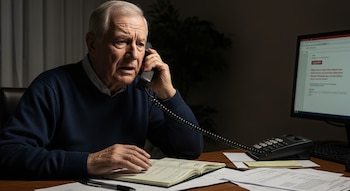 Un adulto mayor con suéter azul oscuro habla por un teléfono fijo con el auricular en la oreja, sentado en un escritorio con documentos, un libro y una computadora.