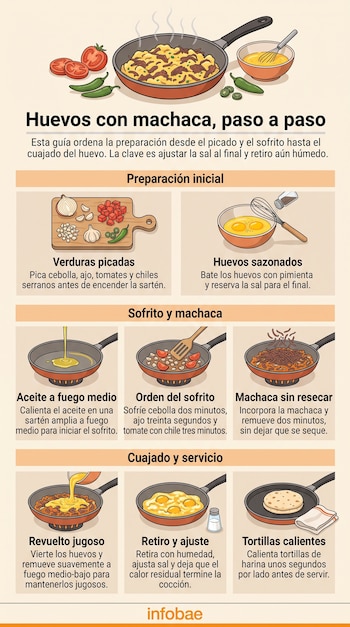 Infografía con recuadros ilustrados que muestran ingredientes picados, huevos batidos, sartenes sobre fuego y tortillas de harina.
