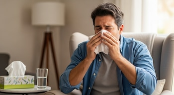 Plano medio de un hombre de 45 años sonándose la nariz con un pañuelo blanco en un sillón. Hay una caja de pañuelos y un vaso de agua en la mesa lateral.