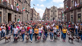 Multitud de personas que pasean a perros sin pelo con correas por una calle adoquinada entre edificios antiguos con banderas mexicanas.