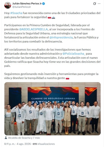 El alcalde de Soacha Julián Sánchez Jr. destacó que con los Bodsu la Presidencia, la fuerza pública y los territorios podrán "combatir la delincuencia" - crédito @JulianPericoJr/X