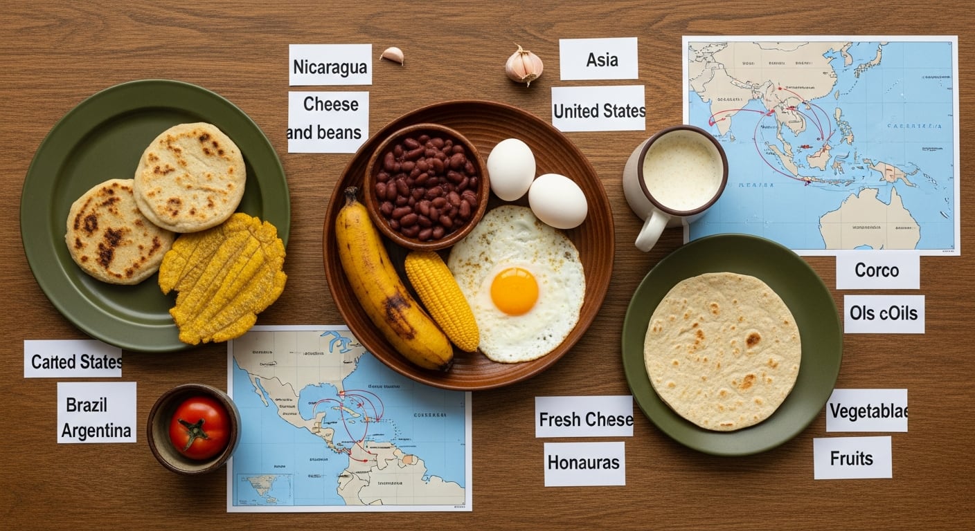 Un desayuno tradicional salvadoreño se presenta sobre una mesa de madera, mostrando con etiquetas y mapas el origen global de sus ingredientes, desde Nicaragua hasta Asia, y las rutas de importación asociadas. (Imagen Ilustrativa Infobae)
