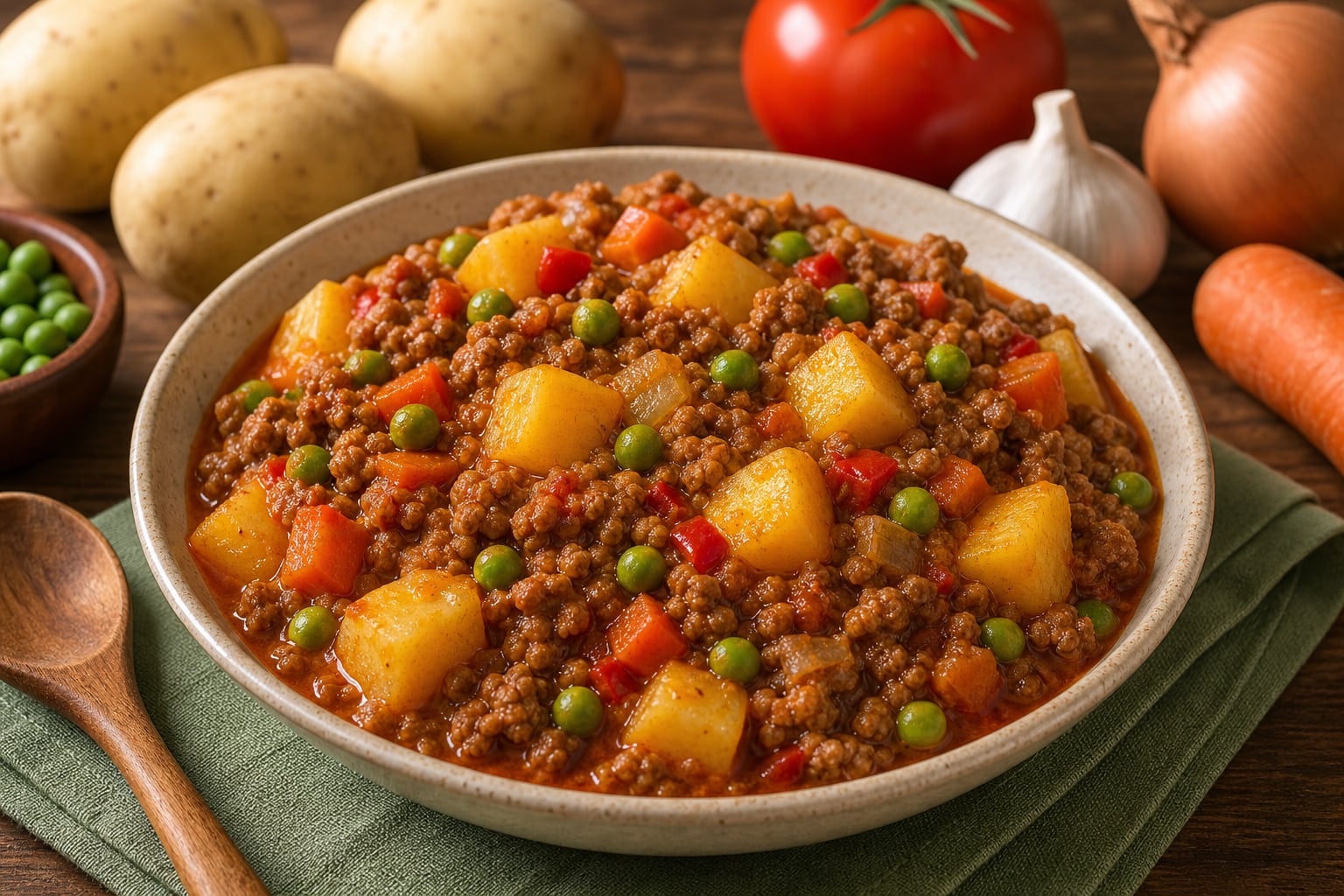Un plato hondo de picadillo de carne molida con papas y guisantes se presenta junto a los ingredientes frescos utilizados en su preparación sobre una mesa de madera. (Imagen Ilustrativa Infobae)