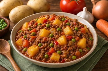 Cuenco de picadillo con carne molida, papas, zanahorias y guisantes, rodeado de papas, un tomate, una cebolla, un ajo y una cuchara de madera.
