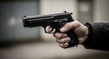 Una mano sostiene una pistola semiautomática negra que dispara, con humo y chispas visibles en la boca del cañón. Se observa parte de una manga oscura.