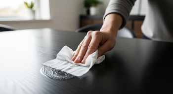 Primer plano de una persona desinfectando una mesa oscura con una toallita húmeda, dejando un patrón circular de humedad.