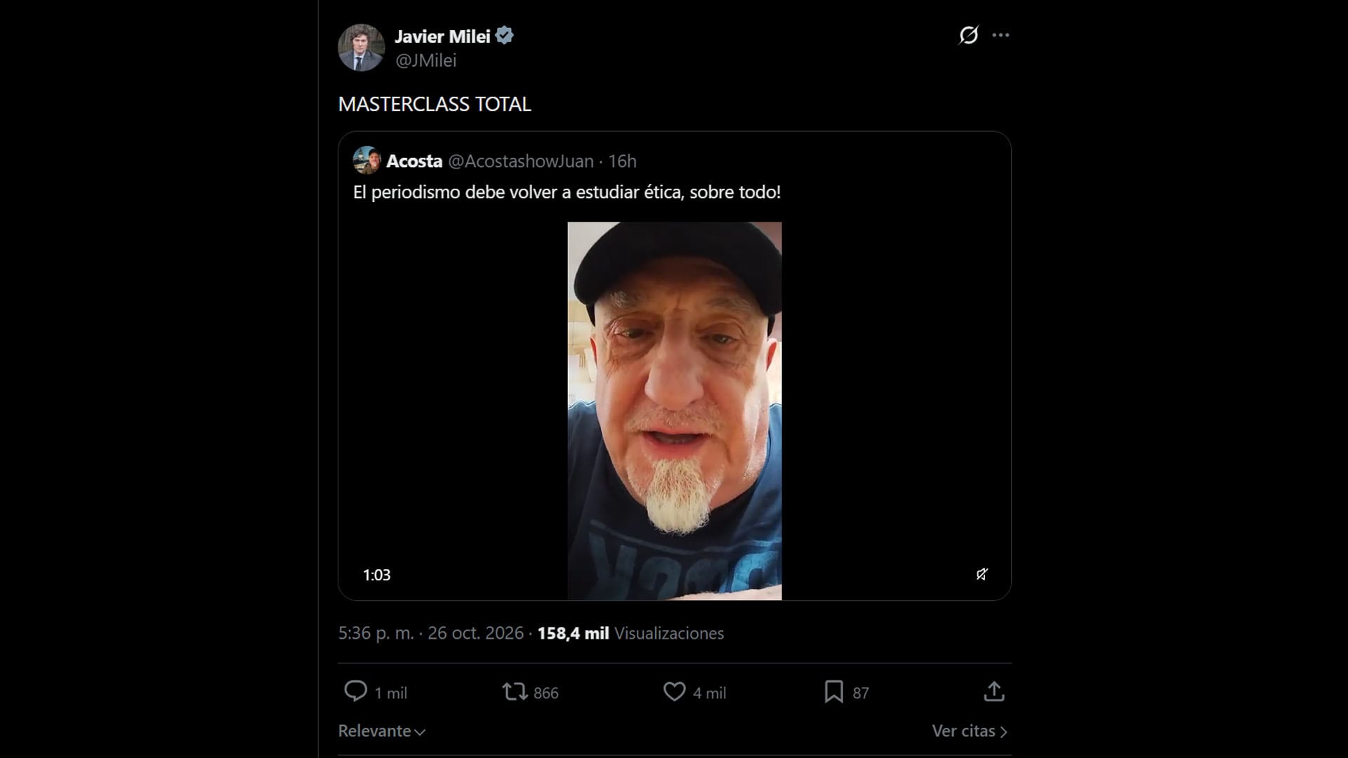 Javier Milei compartió en la red social X un video del actor Juan Acosta, con críticas al periodismo.