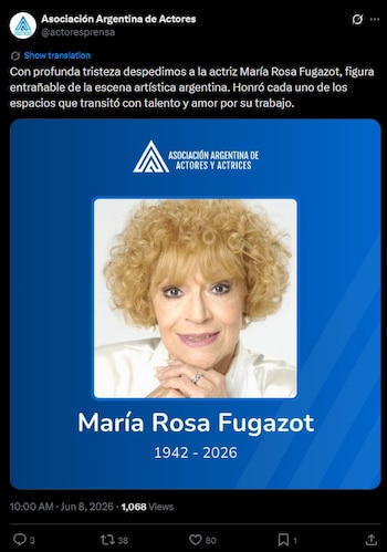 Gráfico azul con retrato de María Rosa Fugazot, sonriente, cabello rubio rizado. Se lee su nombre, fechas (1942-2026) y el logo de Actores y Actrices